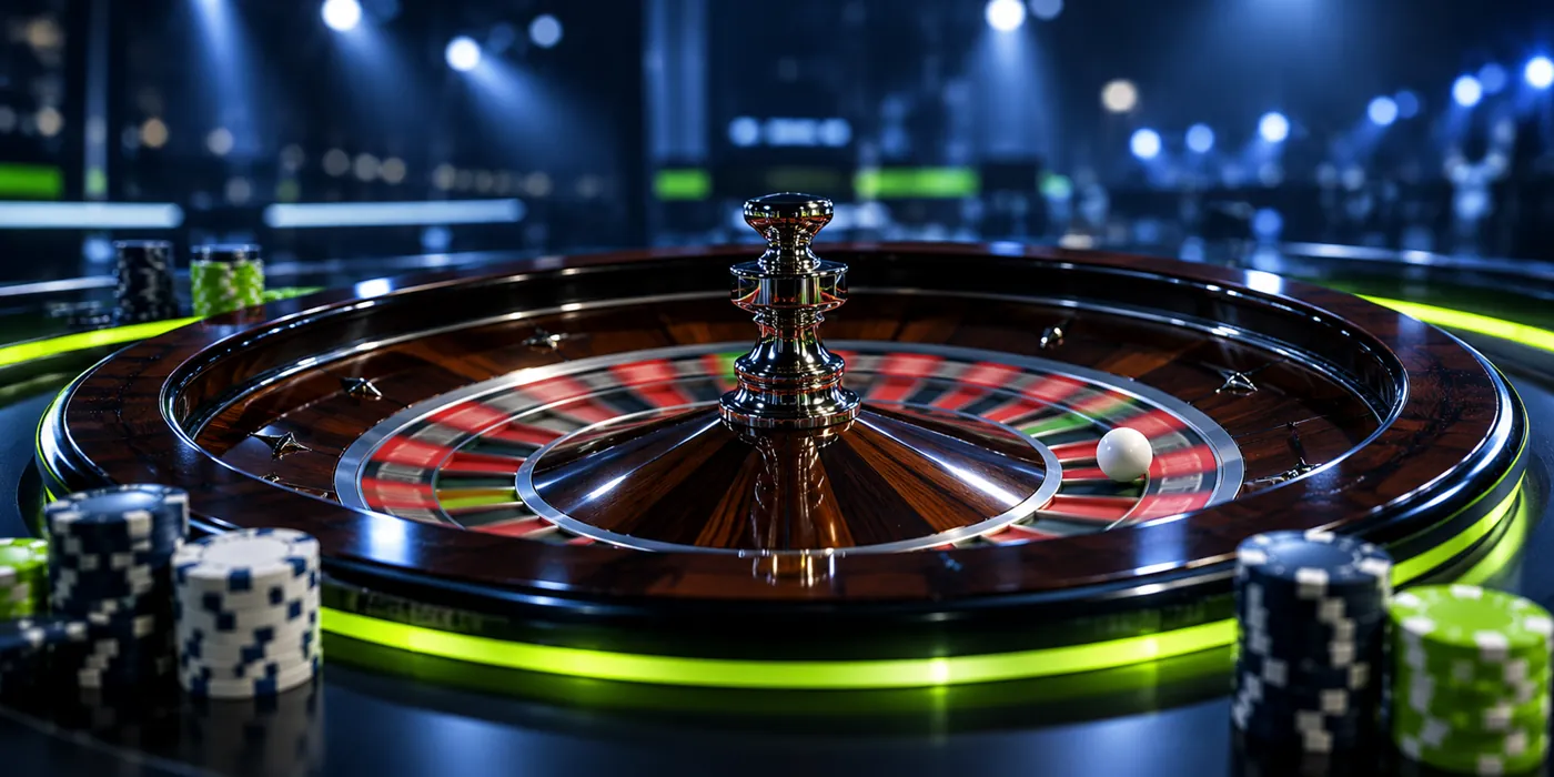 Una ruota della roulette dal vivo in uno studio buio, con una luce verde lime lungo il bordo
