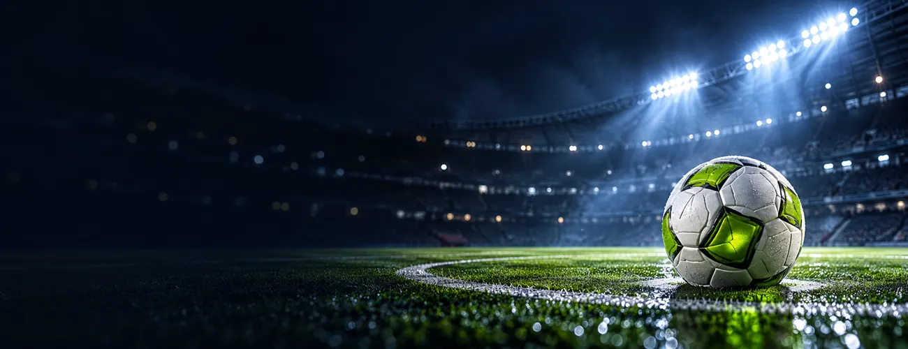 Uno stadio di calcio illuminato di notte con il pallone sul dischetto del centrocampo