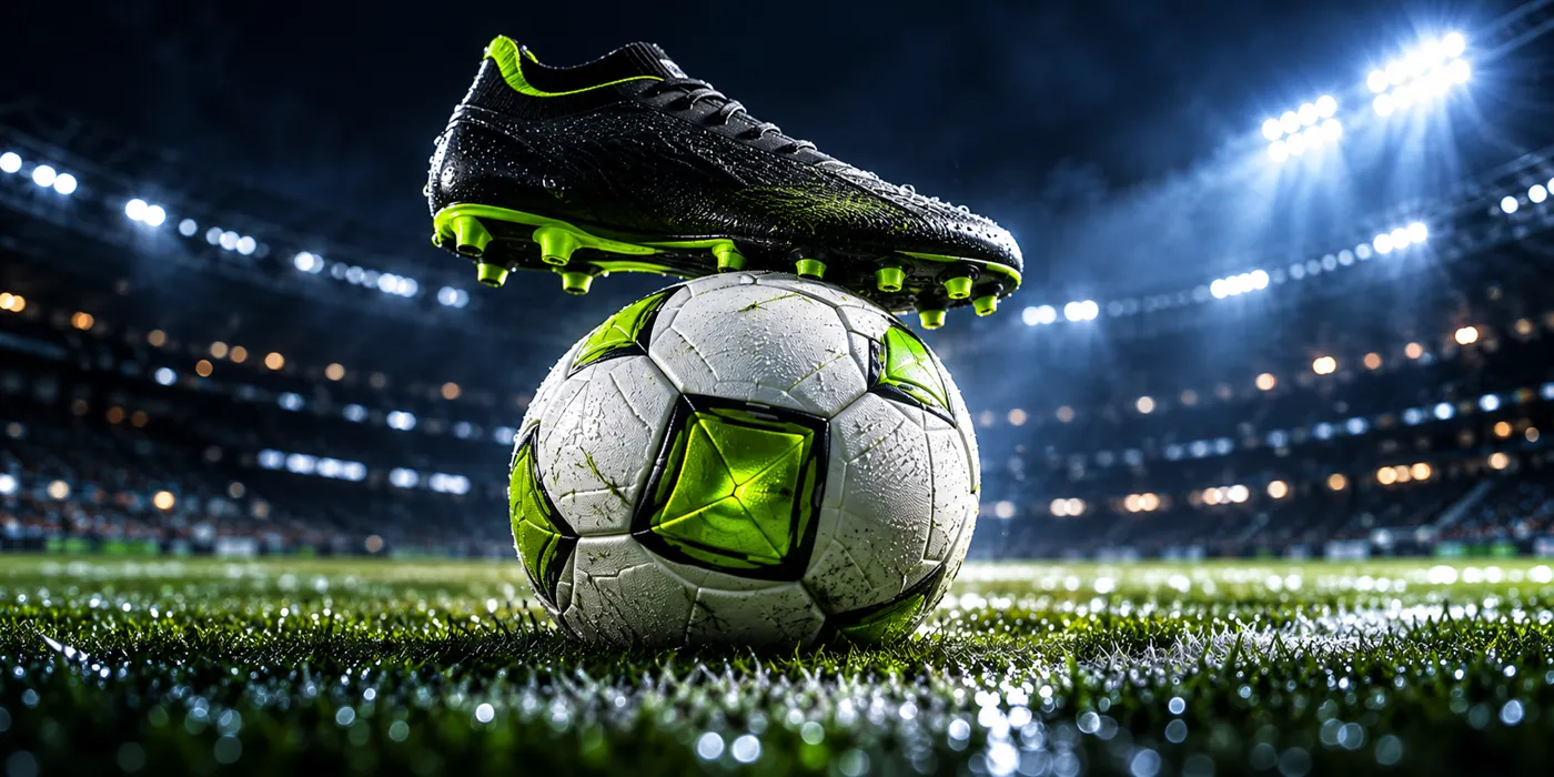 Una scarpa da calcio appoggiata su un pallone, su un campo bagnato illuminato dai riflettori dello stadio